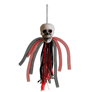 Halloween hanging skull decoration with red and black lace ribbons for party decor