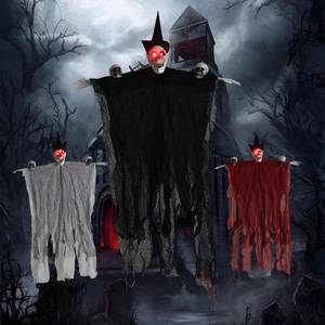Trois squelettes d'Halloween avec yeux LED et chapeaux de sorcier pour décor effrayant