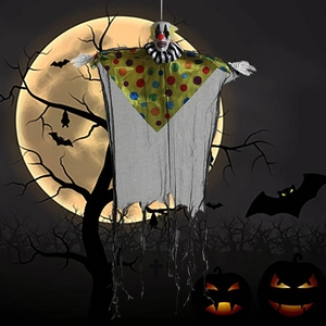 Hanging Halloween clown skeleton with colorful polka dot robe for scary yard decoration