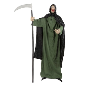 Detailed view of life-size Halloween grim reaper with green robe and scythe prop