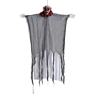 Detailed view of Halloween clown skeleton hanging decoration with black mesh and red ruff