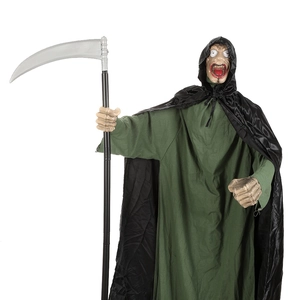 Detail of life-sized Halloween grim reaper prop with dark green robe and long scythe