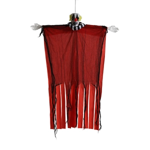 Close-up of Halloween hanging clown ghost with red fabric and black mesh for party decor
