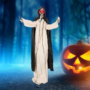 Life-size Halloween electric skeleton ghost with red LED eyes and black hooded cloak