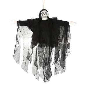 Decoración de fantasma esqueleto de Halloween con túnica negra rasgada y ojos brillantes