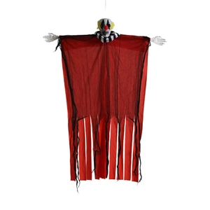 Hanging Halloween clown ghost decoration with red mesh robe and skull hands for yard decor