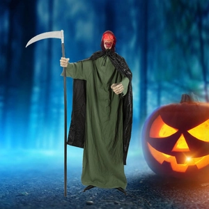 Tall Halloween grim reaper with green robe, scythe, and glowing red eyes in a misty forest