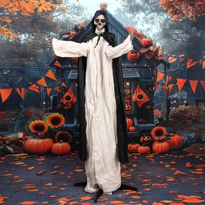 Standing Halloween skeleton ghost with black hooded robe and white cloak for yard decor