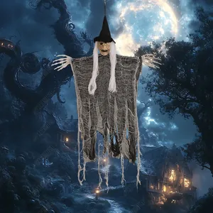 Detailed view of Halloween hanging witch ghost with grey gauze and white hair