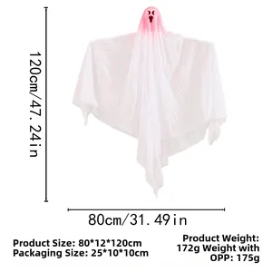 Detailed view of Halloween white ghost hanging decoration with 80x120cm size markings