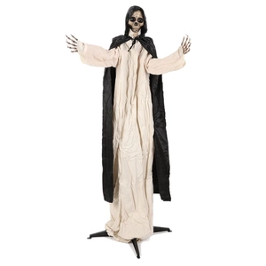 Standing animated skeleton grim reaper with black hooded cloak for Halloween decor