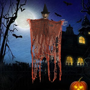 Halloween hanging ghost prop with wizard hat and orange gauze for indoor outdoor decor