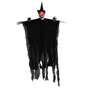 Fantôme d'Halloween suspendu avec yeux rouges brillants, chapeau et robes en gaze