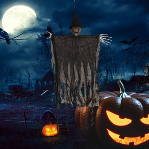 Spooky Halloween hanging ghost decor with witch hat and gauze for haunted house party