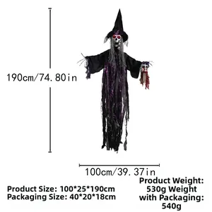 Bruja esqueleto de Halloween con ojos brillantes, túnica morada y líneas de dimensión