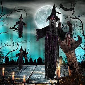 Fantasma colgante de Halloween con ojos rojos brillantes y túnica morada para decoración de terror