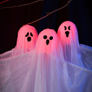 3er-Set leuchtende weiße Geister-Hängedekoration mit roten LED-Lichtern für Halloween