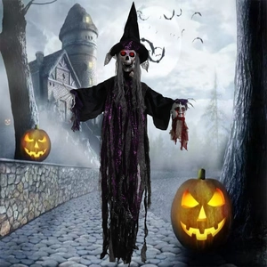 Detalle de esqueleto de mago colgante con ojos LED rojos y cabeza cortada para Halloween