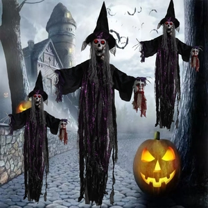Decoración de Halloween Bruja Esqueleto Colgante Activada por Voz Ojos Brillantes Accesorio de Casa Embrujada Fantasma Animado Grande