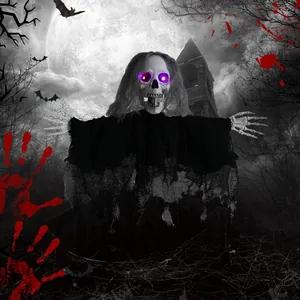 Hanging Halloween ghost with glowing purple LED skull eyes and distressed black robes