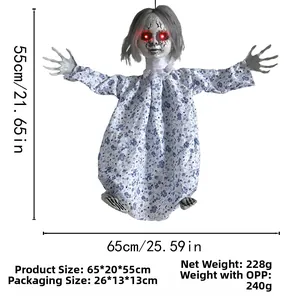 Halloween hanging doll decoration with red glowing eyes and 55x65cm size details