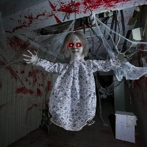Creepy Halloween doll with glowing red LED eyes and floral dress for haunted house decor