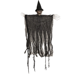 Scary Halloween hanging ghost decoration with black witch hat and tattered mesh robe