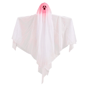 Hängende Halloween-Geist-Deko mit pinkem Kopf und weißem Netzkörper für Party-Events