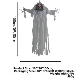 Voice-activated 150cm Halloween skeleton ghost with glowing red eyes for haunted house decor