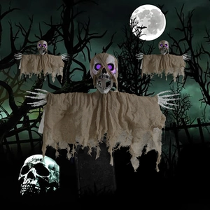 Three hanging Halloween skeletons with glowing purple eyes in a dark cemetery scene