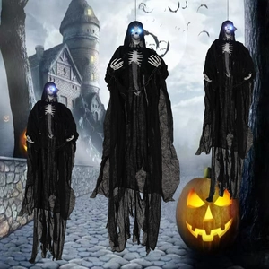 Halloween Griezelig Hangende Geest Skelet Rekwisiet Met LED Gloeiende Ogen Enge Vleermuis Grondpen Spookhuis Feest Decoratie