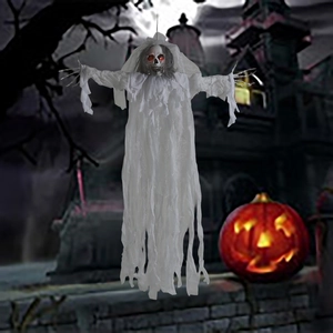 Detail of hanging skeleton ghost bride with glowing red LED eyes for Halloween decor