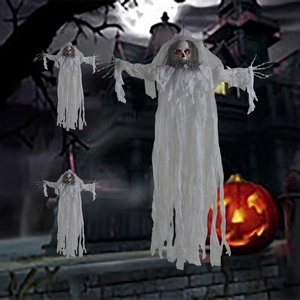 Three-piece set of Halloween hanging ghosts with red glowing eyes and ragged white robes