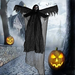 Halloween Hanging Skeleton Ghost With Moving Wings Sound Activated Red Glowing Eyes Scary Flying Reaper For Haunted House Party Props Decor
