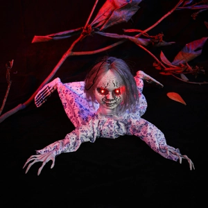Scary Halloween hanging ghost doll with glowing red eyes and tattered floral dress