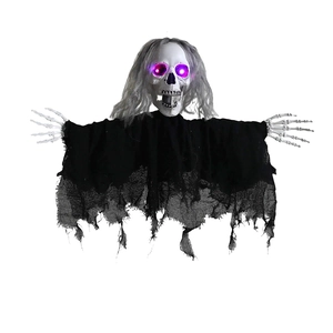 Hanging Halloween ghost skull with glowing purple eyes and long grey hair decoration