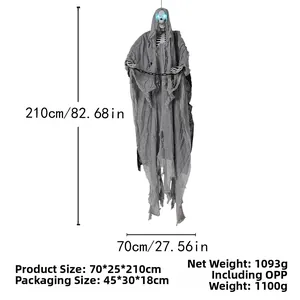 Detailed size chart of a 210cm hanging skeleton ghost with glowing blue eyes and chains