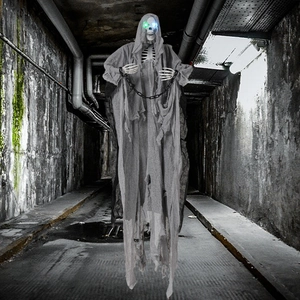 Glowing skull ghost with chains and torn grey fabric for scary Halloween decor