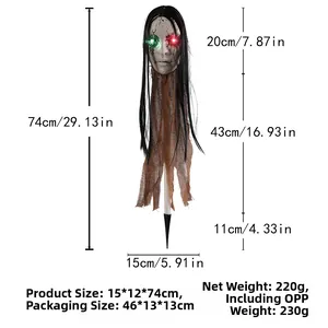 Glowing skull head stake with LED eyes and black hair for scary Halloween yard decoration
