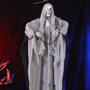 Halloween Hanging Ghost Glowing LED Eyes Reaper Skeleton With Plastic Chains For Haunted House Party Secret Room Scary Horror Prop Decoration