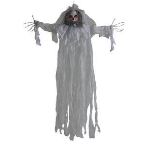 Hanging Halloween ghost bride skull with glowing red eyes and white tattered fabric