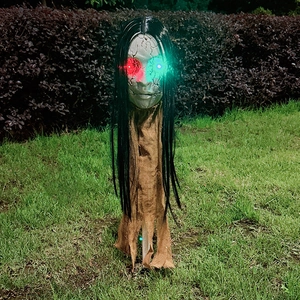 Glowing skull outdoor stake with long hair and burlap for Halloween yard decoration