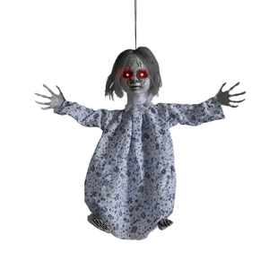 Hanging Halloween ghost doll with glowing red eyes and floral dress for haunted house decor