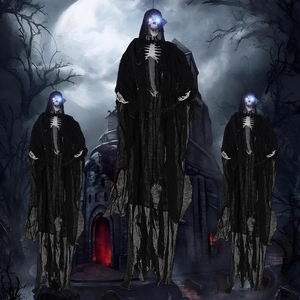 Luminous Halloween hanging skeletons with glowing eyes and tattered robes in spooky scene