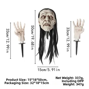 Detailed Halloween garden stakes showing zombie skull with hair and two skeleton hands