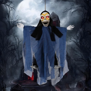 Segador de Halloween colgante con ojos rojos brillantes y túnica azul andrajosa
