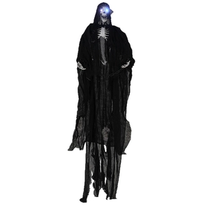 Hanging Halloween reaper with glowing blue eyes and skeleton details on white background
