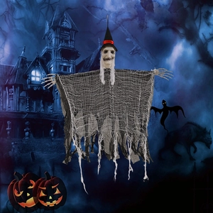 Creepy Halloween hanging ghost decor with tattered grey robes and pointed witch hat