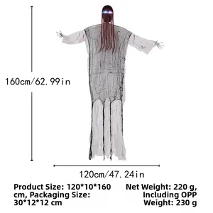 Detail view of scary Halloween hanging ghost with long hair and LED glowing eyes