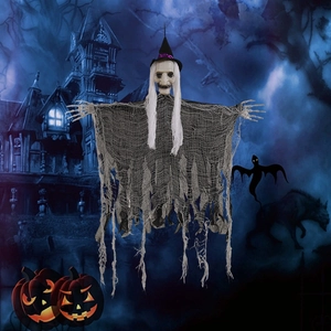 Creepy Halloween hanging ghost with witch hat and skeletal hands for haunted house decor